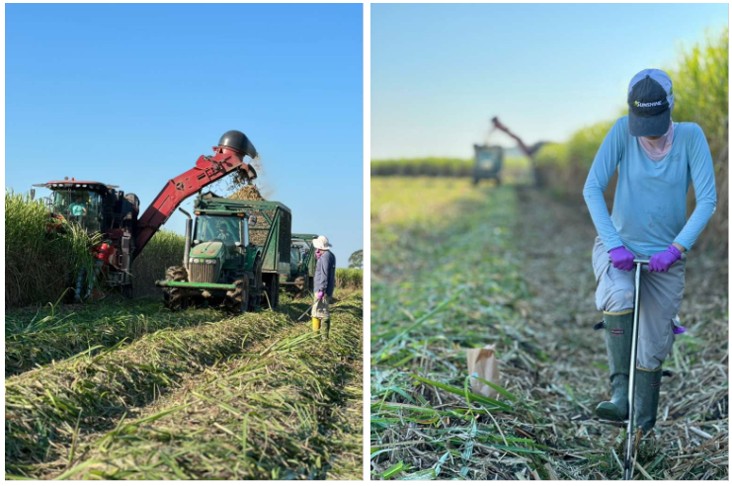 harvester and student in field