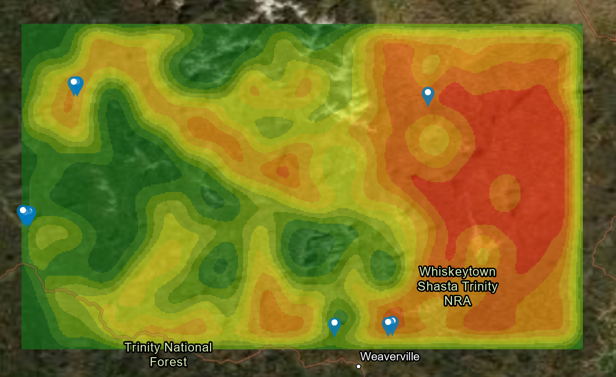 Wildfire risk map using red and green areas to designation wildfire-prone areasd