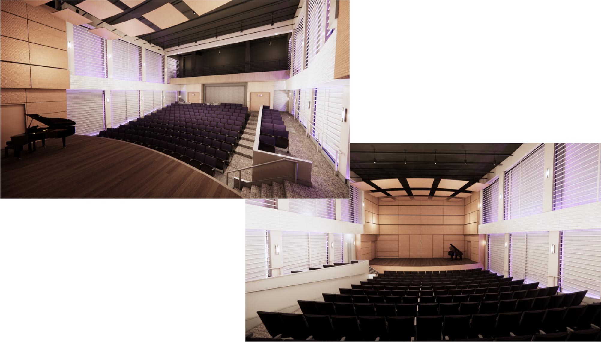 rendering of recital hall looking out from stage on seating