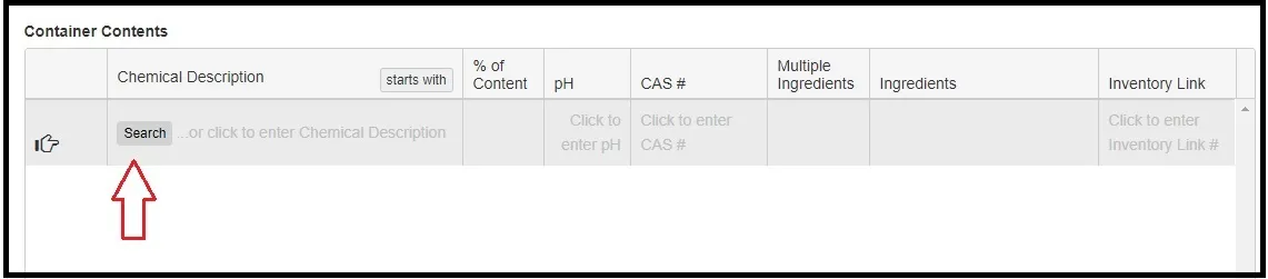 Container Contents page, with the search tab highlighted.