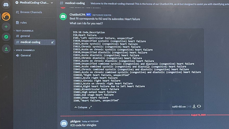 ChatBotPCA screenshot showing medical coding related to heart failure